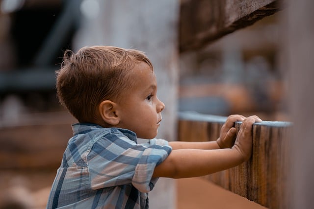 Child standing by wooden fence.