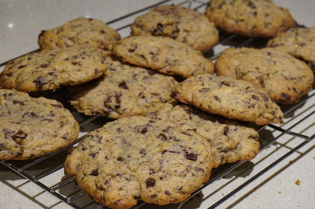 Freshly baked cookies on cooling rack.