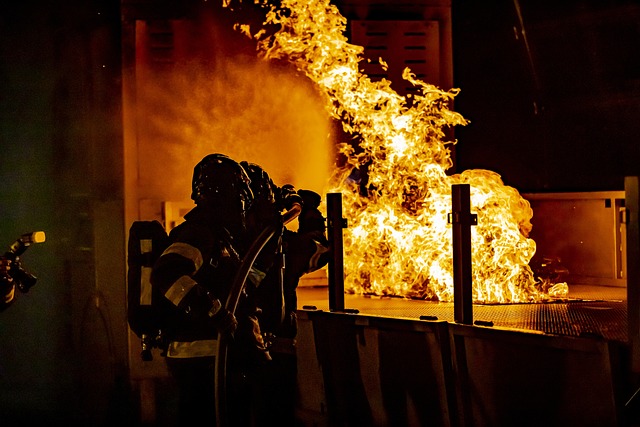 Firefighters spraying water on a warehouse fire.