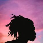 Silhouette of a person with dreadlocks standing against a sunset sky.