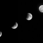 Image of the moon in different phases, depicted in black and white.