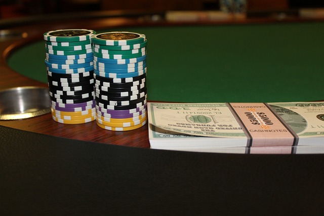 A poker table with money and chips.